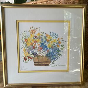 Framed artwork floral basket numbered and signed